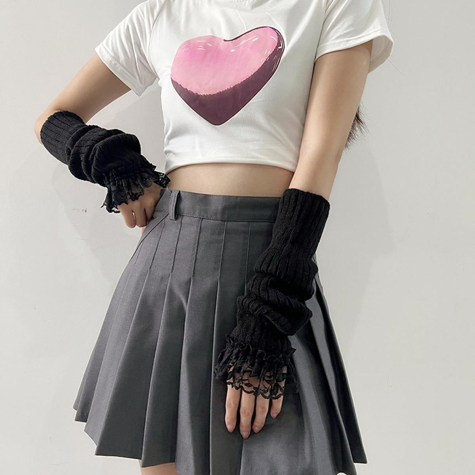 Arm Warmers Thumb Hole Gloves Winter Knitted Mittens Fashion for Women Girls black lace