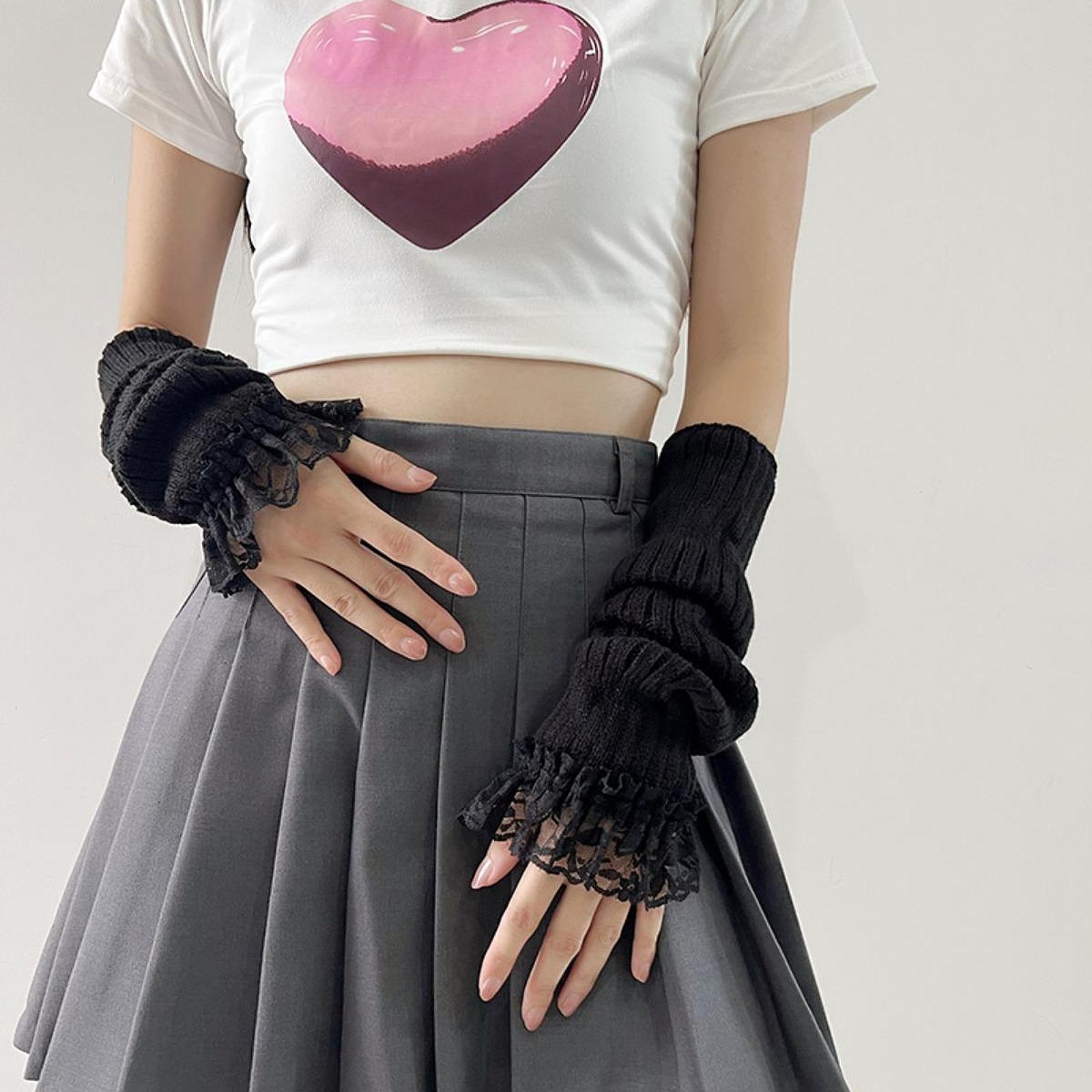 Arm Warmers Thumb Hole Gloves Winter Knitted Mittens Fashion for Women Girls black lace