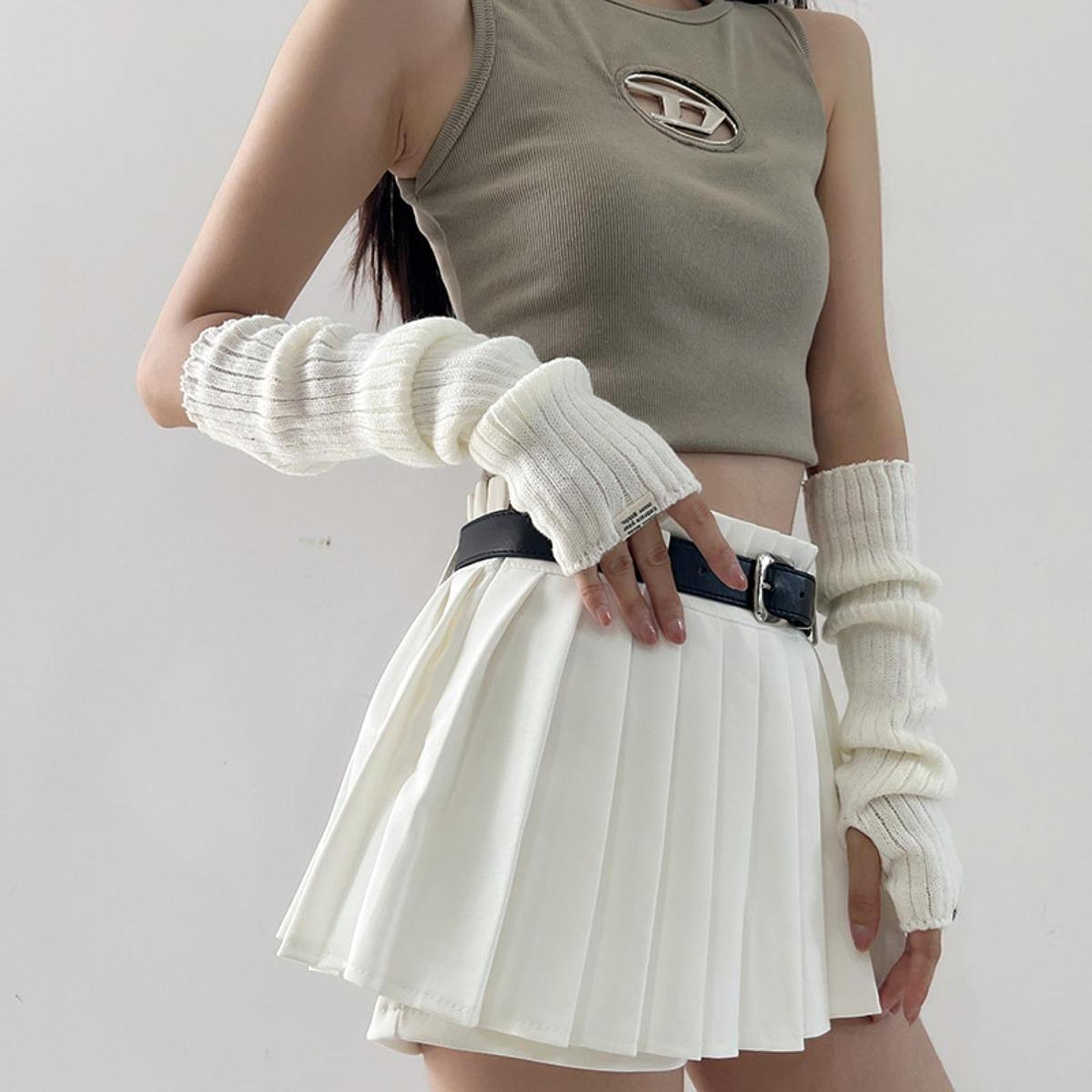 Arm Warmers Thumb Hole Gloves Winter Knitted Mittens Fashion for Women Girls white