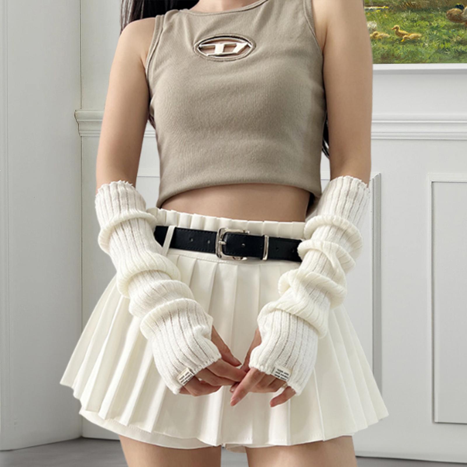 Arm Warmers Thumb Hole Gloves Winter Knitted Mittens Fashion for Women Girls white