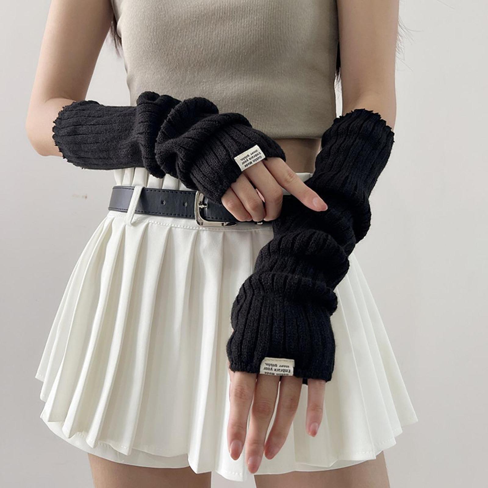 Arm Warmers Thumb Hole Gloves Winter Knitted Mittens Fashion for Women Girls black