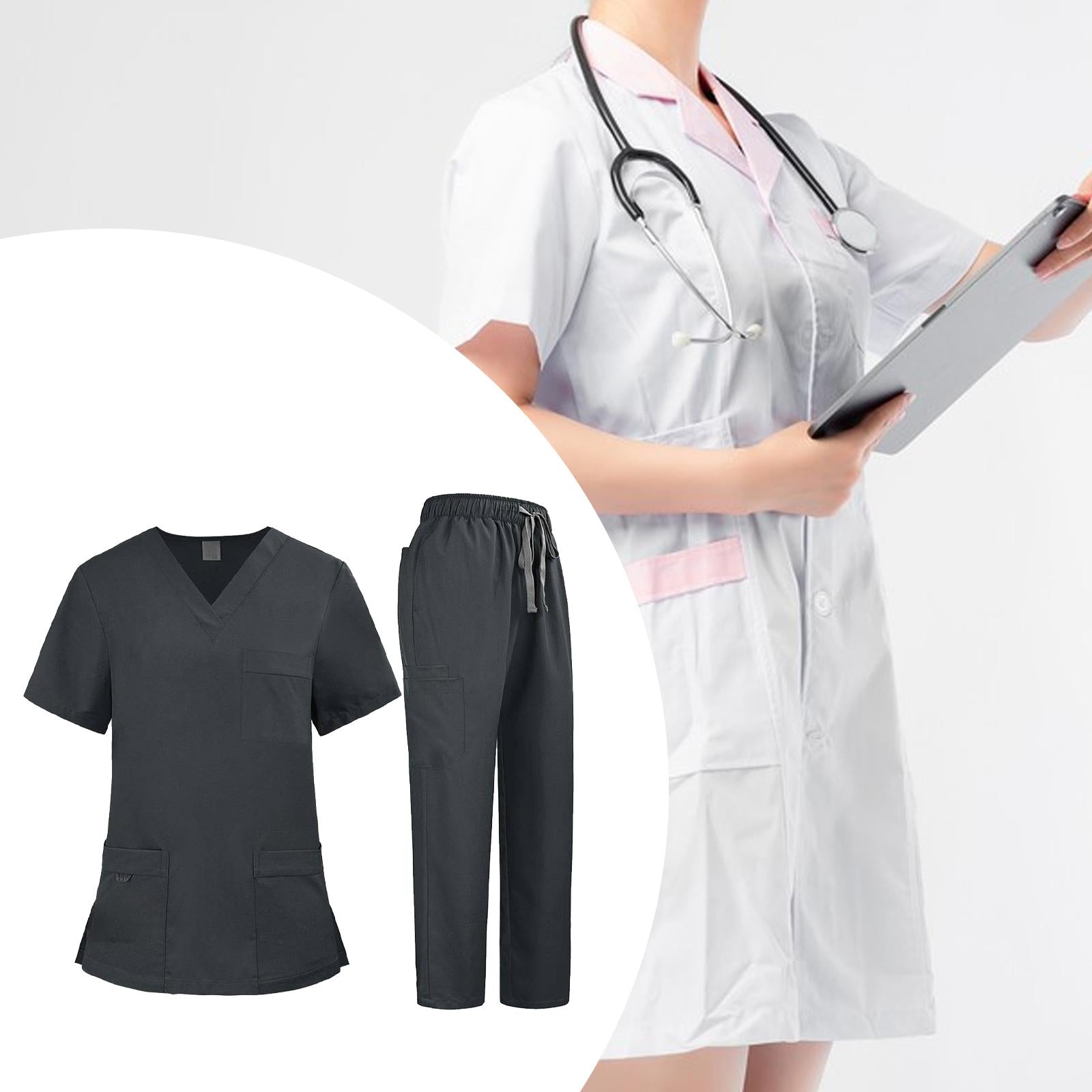 Nursing Uniforms Scrub Set Nursing Work Suit for Cosmetology Pet Groomer SPA S Gray