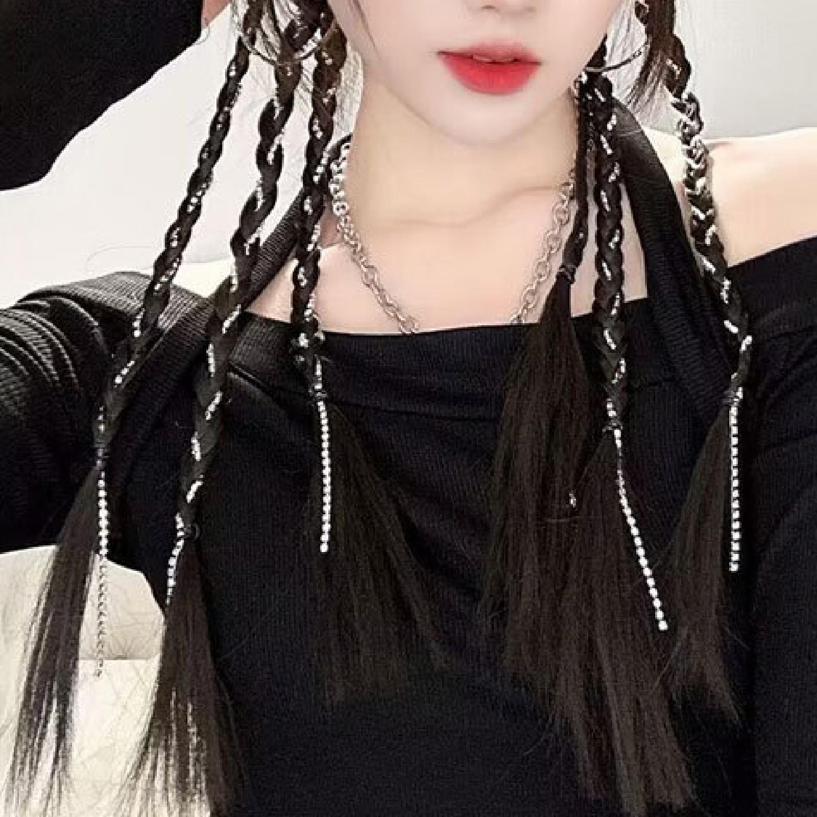 Clip in Braid Hair Extensions 45 cm for Birthday Traveling Stage Performance Black With Chain