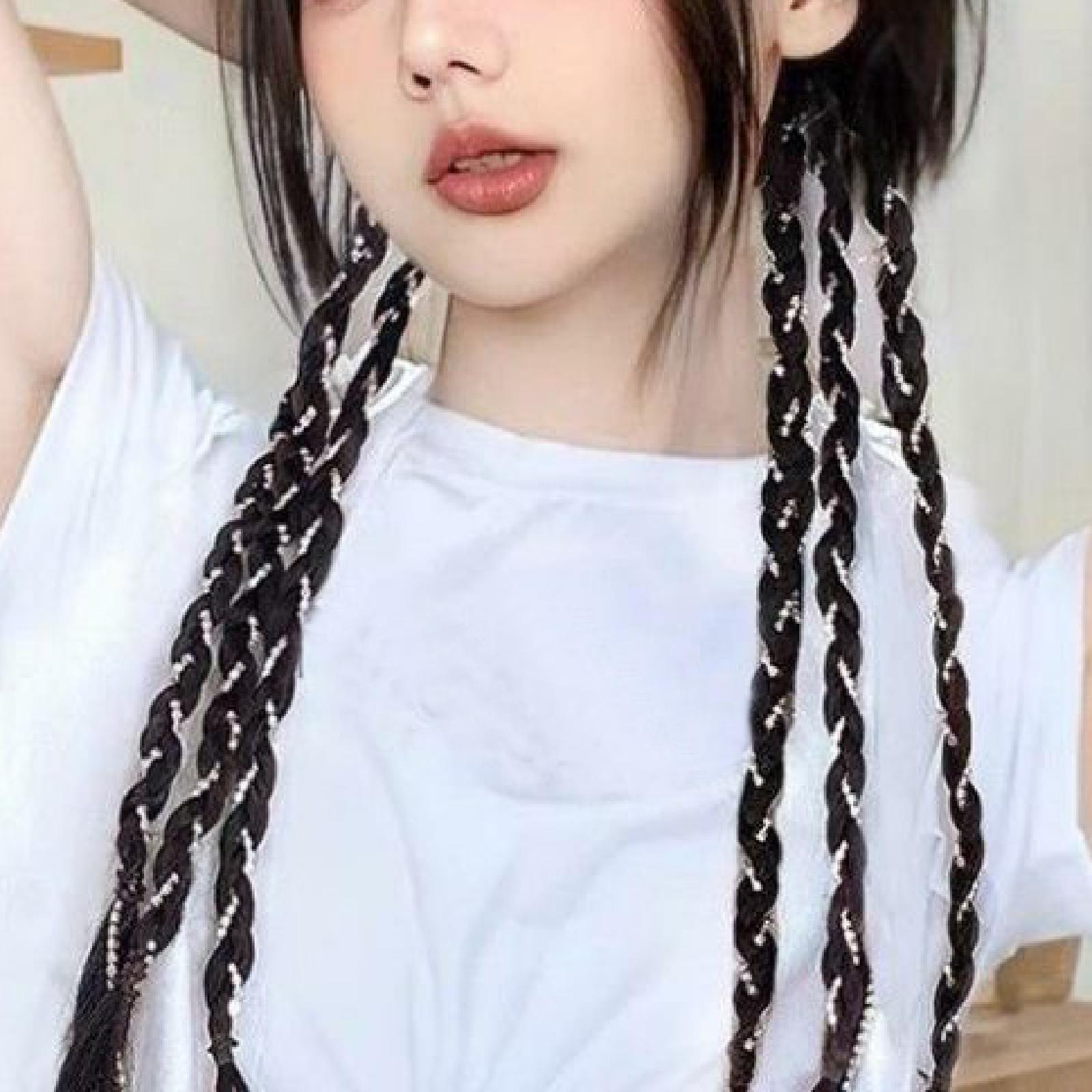 Clip in Braid Hair Extensions 45 cm for Birthday Traveling Stage Performance Black With Chain