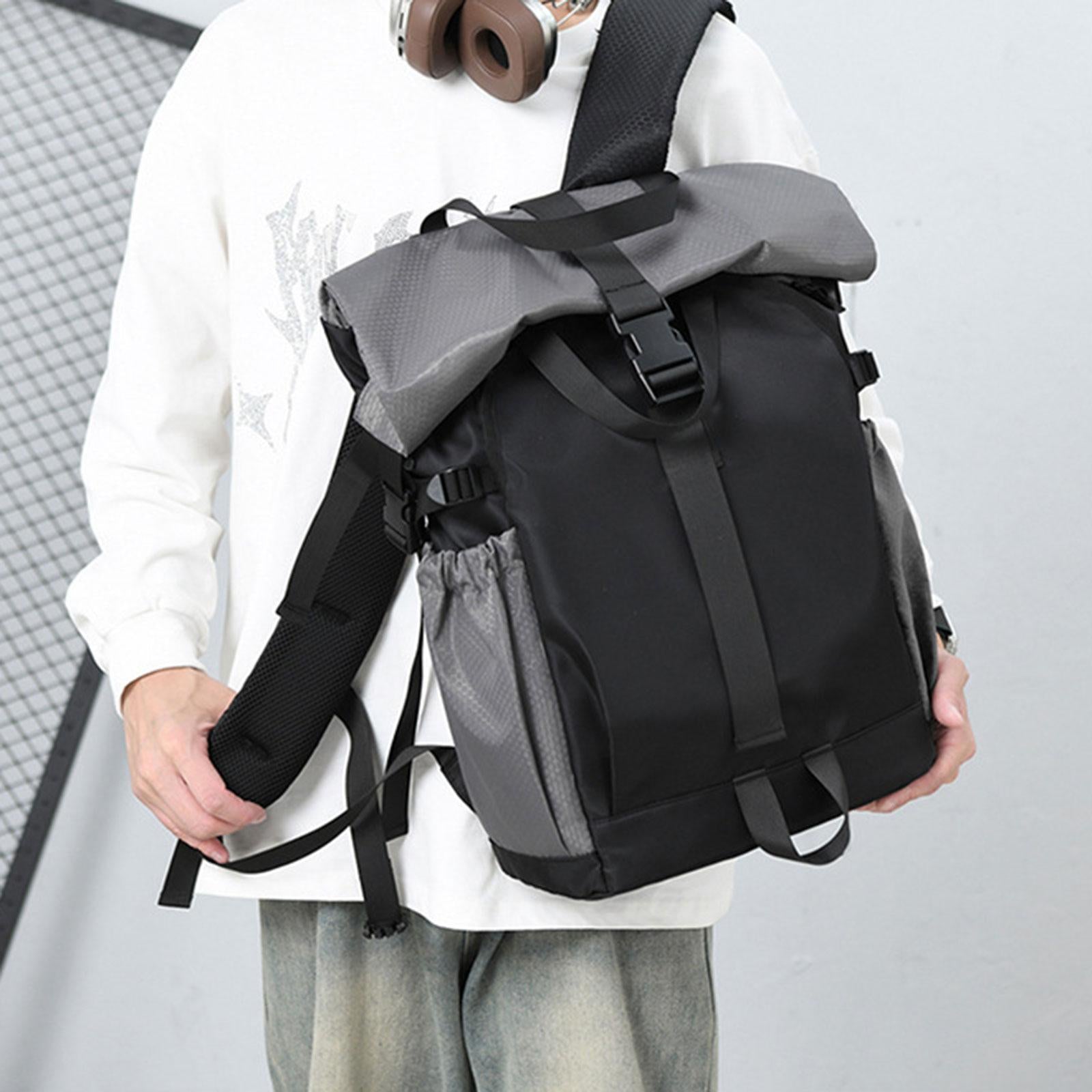 Roll Lid Backpack Versatile Gym Bag Waterproof Portable Stylish Men Rucksack dark grey