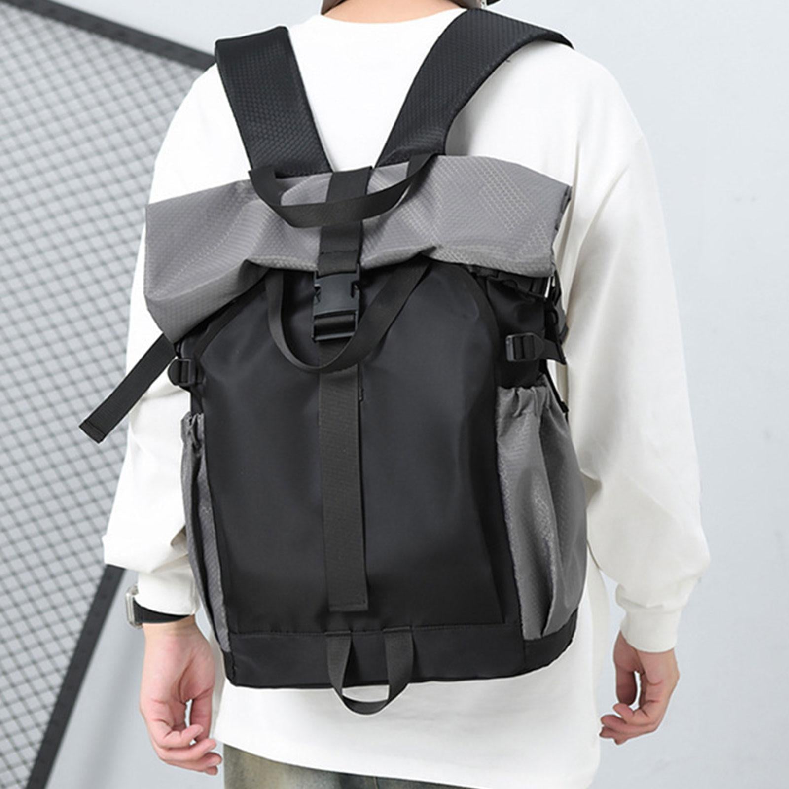 Roll Lid Backpack Versatile Gym Bag Waterproof Portable Stylish Men Rucksack dark grey