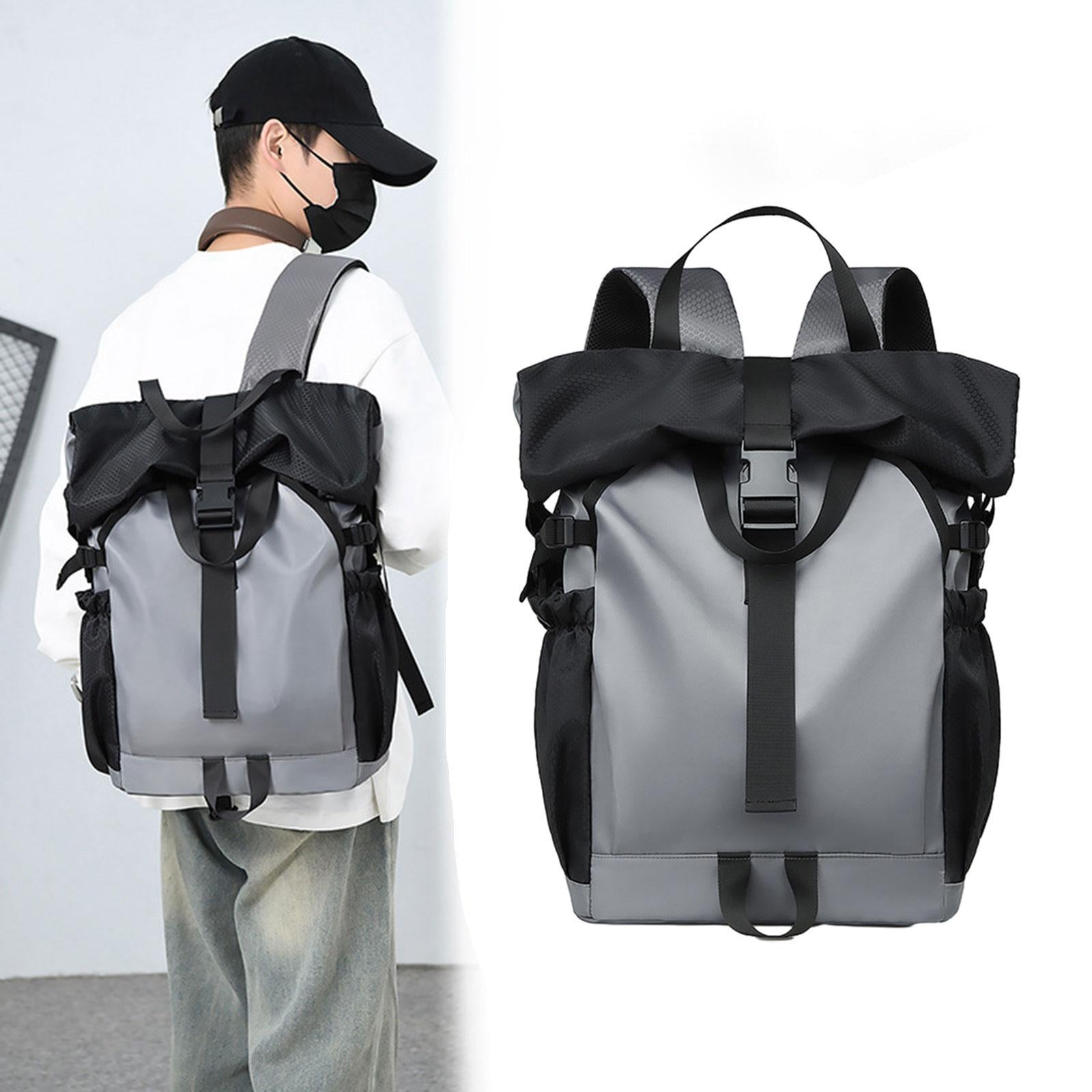 Roll Lid Backpack Versatile Gym Bag Waterproof Portable Stylish Men Rucksack light grey