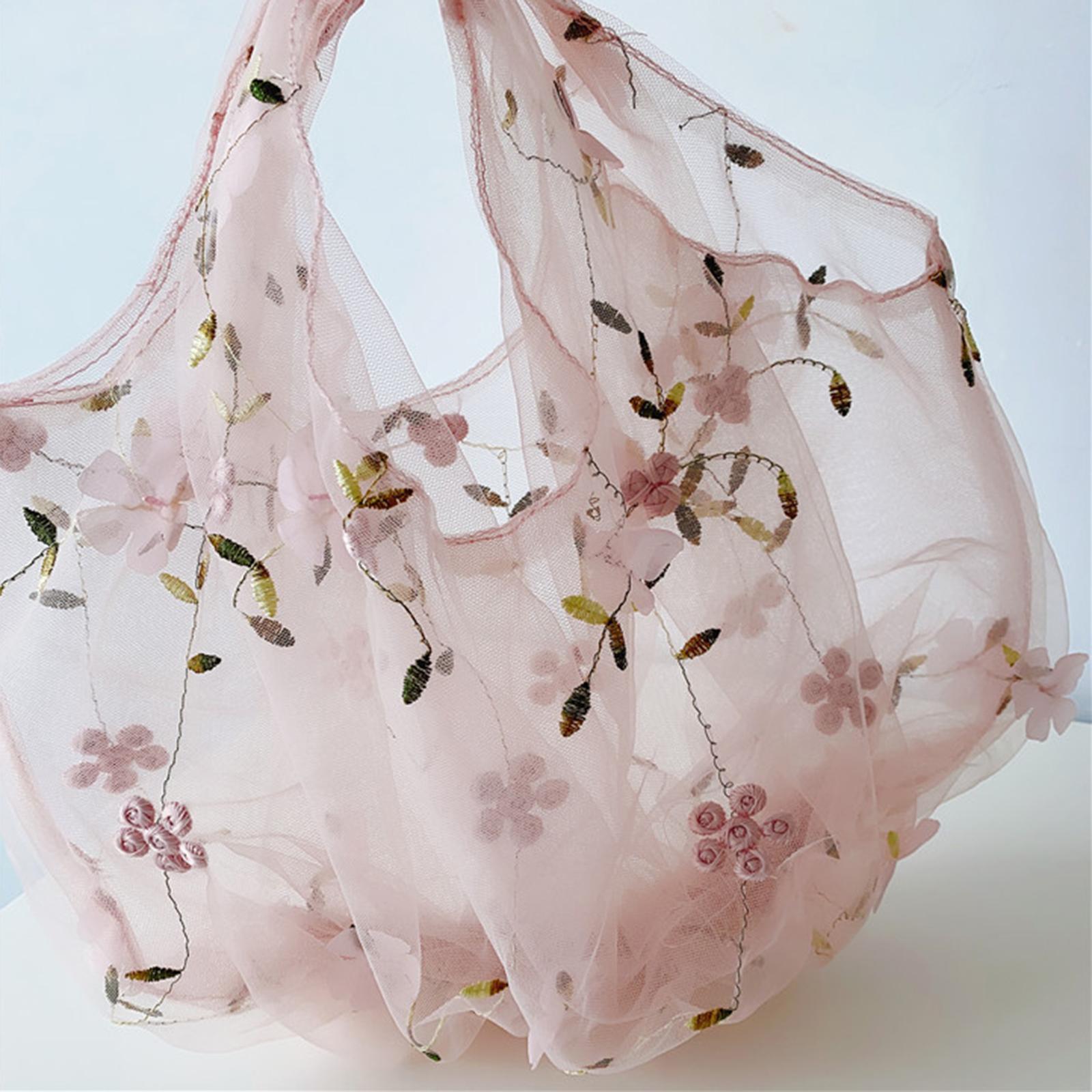 Embroidery Flower Handbag Reusable Grocery Bag for Travel Camping Women Girl Pink