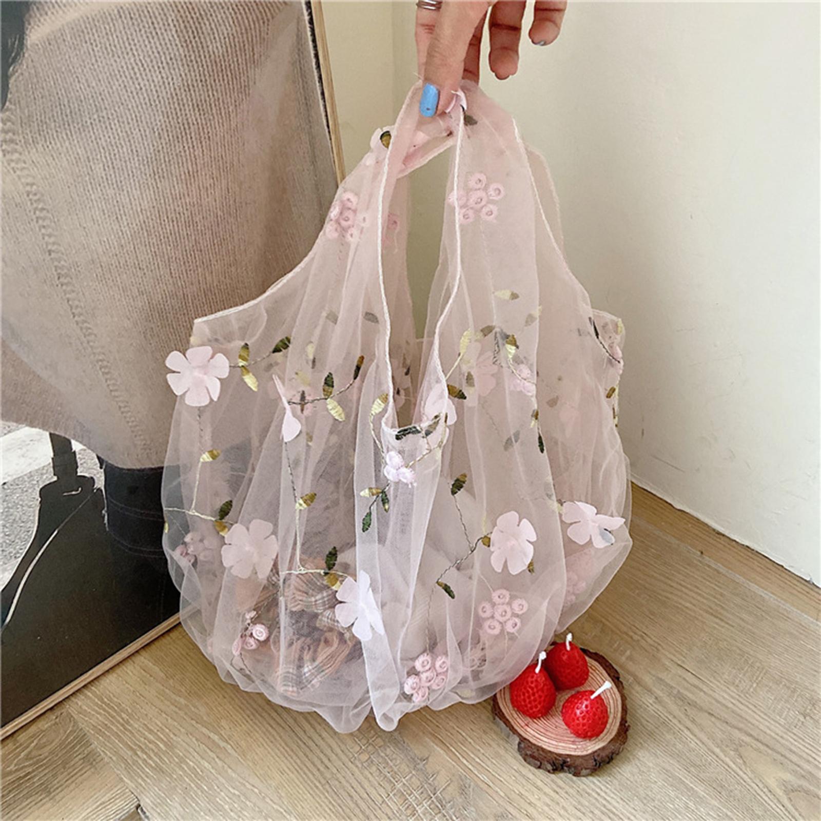 Embroidery Flower Handbag Reusable Grocery Bag for Travel Camping Women Girl Pink