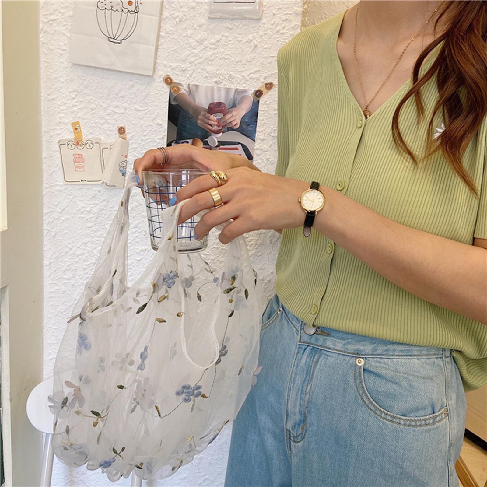Embroidery Flower Handbag Reusable Grocery Bag for Travel Camping Women Girl Gray