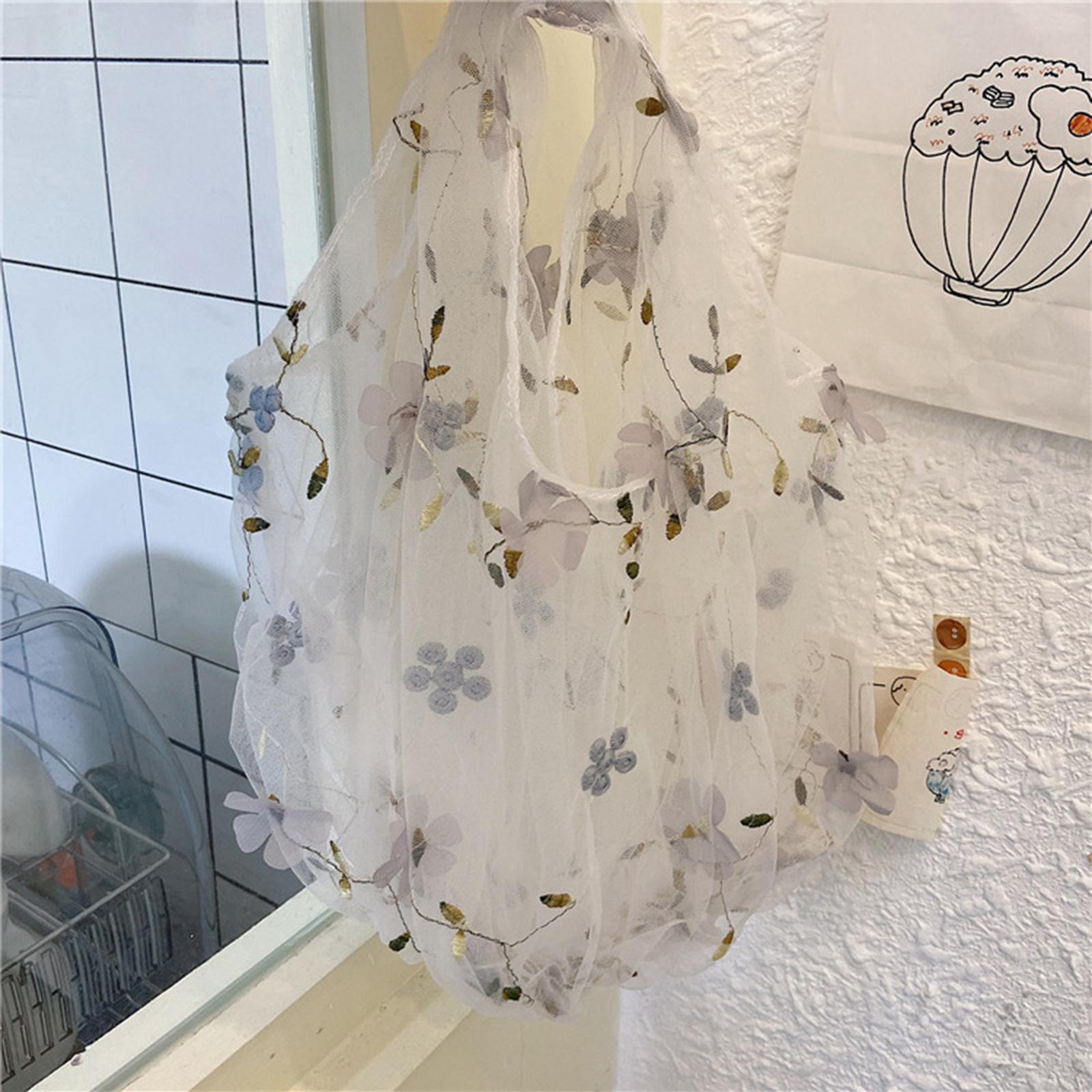 Embroidery Flower Handbag Reusable Grocery Bag for Travel Camping Women Girl Gray