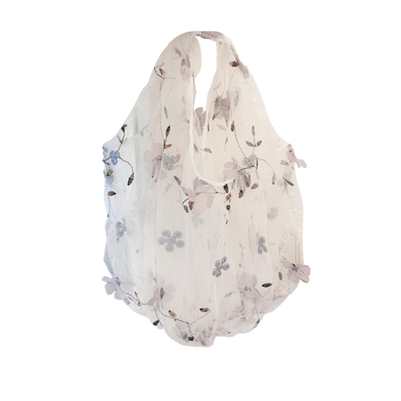 Embroidery Flower Handbag Reusable Grocery Bag for Travel Camping Women Girl Gray