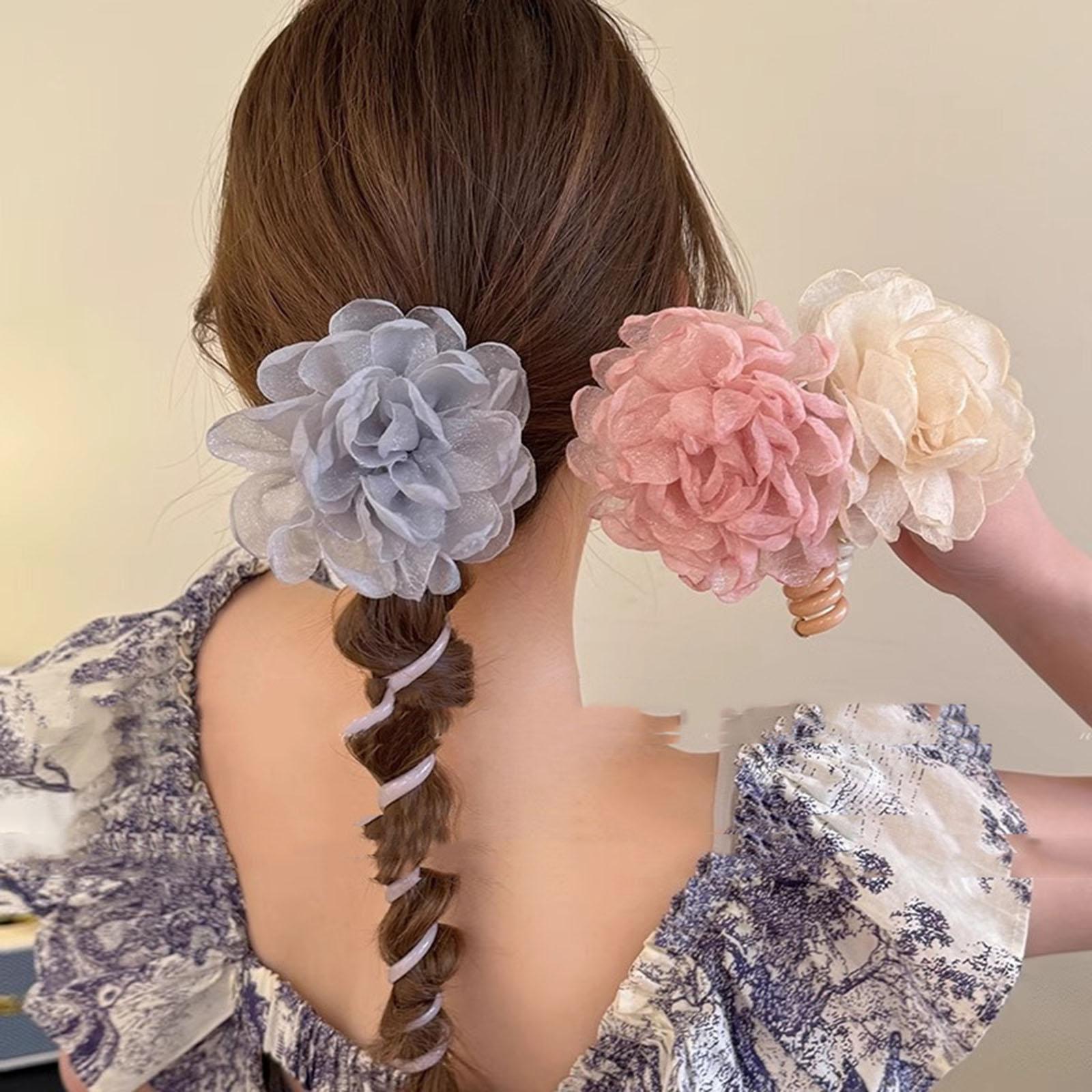 2Pcs Flower Hair Bands Headwear Camellia Hairties for Club Birthday New Year pink