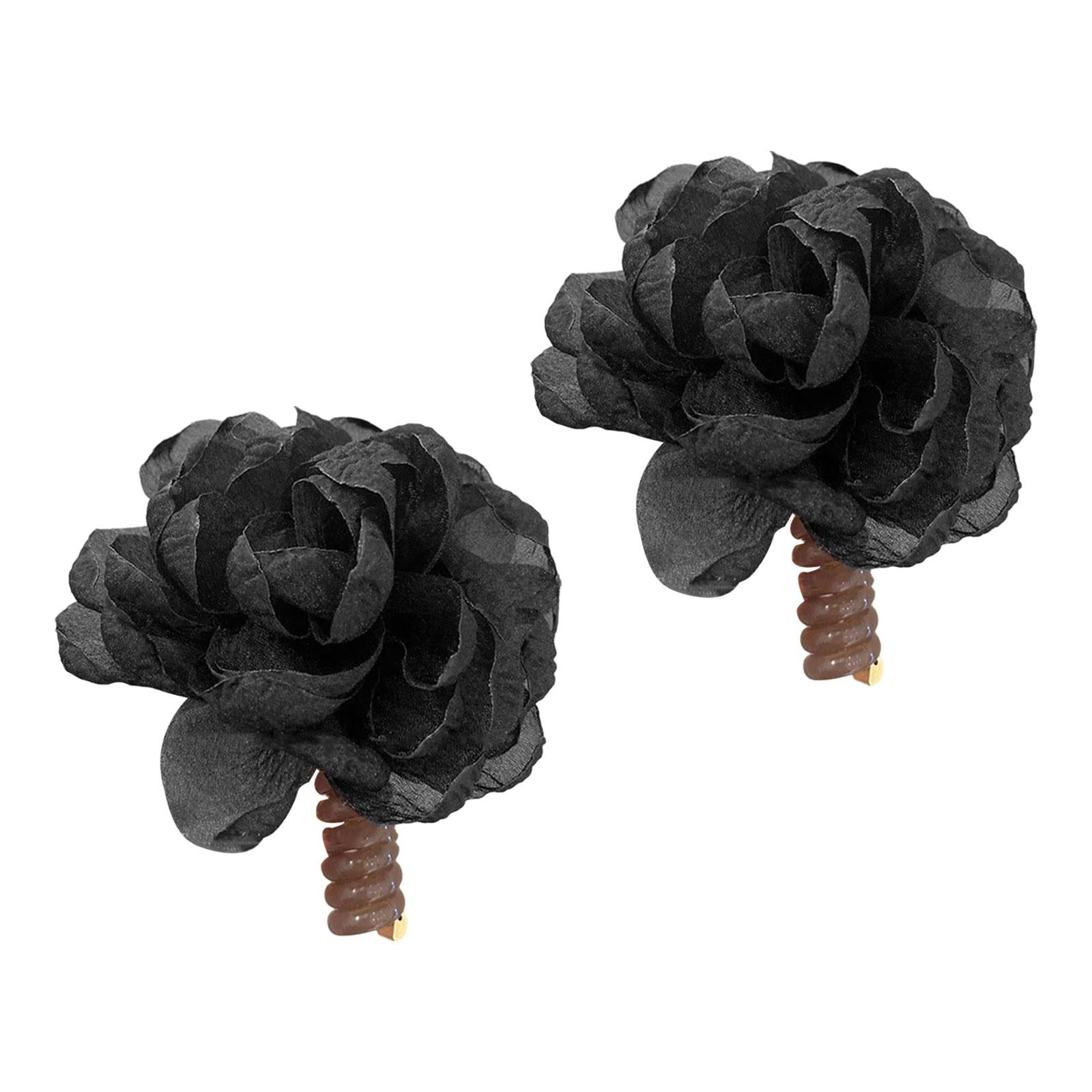 2Pcs Flower Hair Bands Headwear Camellia Hairties for Club Birthday New Year black