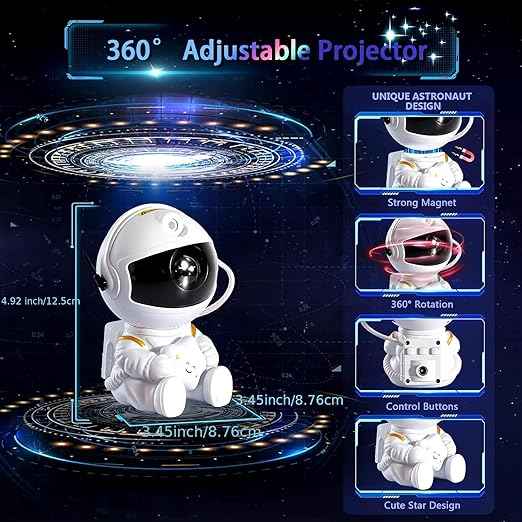 Astronaut LED Galaxy Projector Lamp with rotating 360° nebula stars, remote control, timer, and adjustable head – great for kids’ bedrooms, toys, and home decoration.