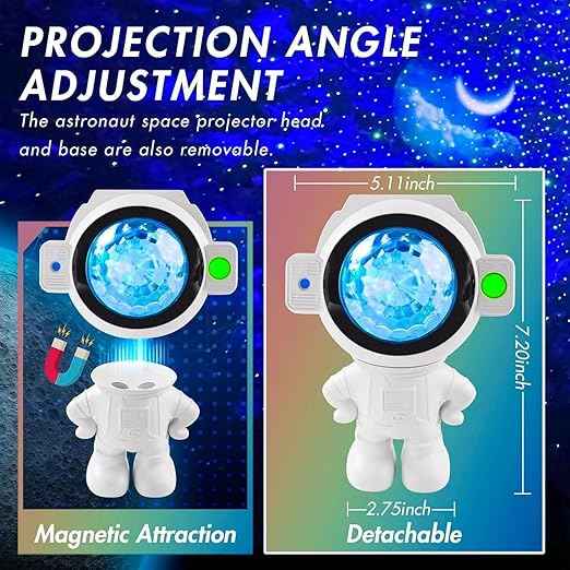 Astronaut Star Projector with dual 4W LEDs, 180° moon, star & cloud projection, Bluetooth, voice/music modes, remote control, USB powered.