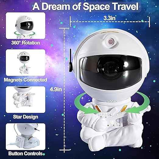360° Rotating Astronaut Star Projector with remote control, timer, and adjustable LED head—perfect for bedrooms, home décor, and parties.