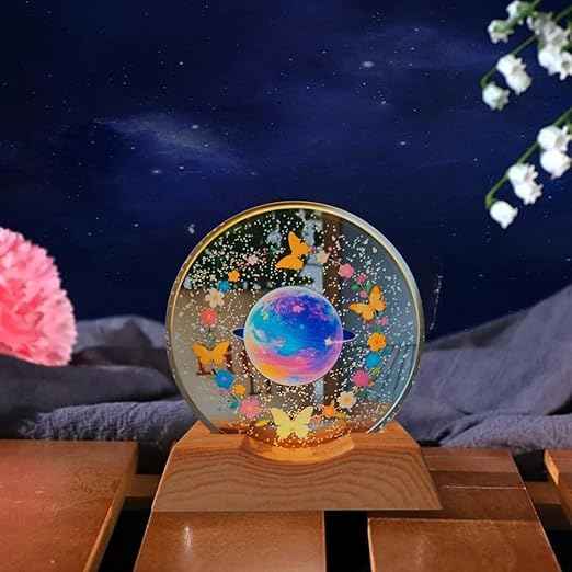 3D Acrylic LED Night Light with Warm White and Colorful Planet & Butterfly Designs, Plastic Base Table Lamp