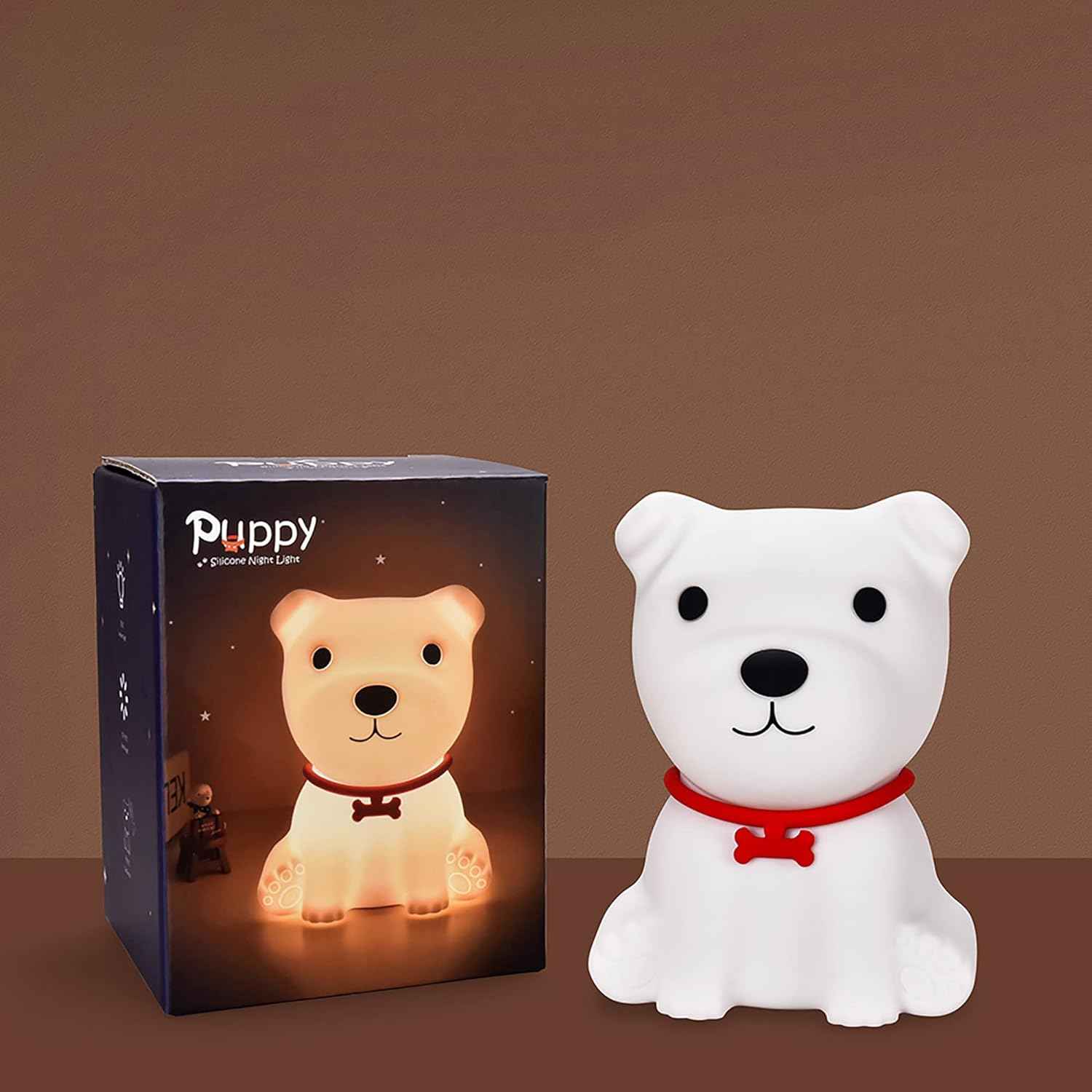 Color-Changing Puppy Night Light with soft silicone and USB recharge—suitable for kids, adults, and pet enthusiasts.