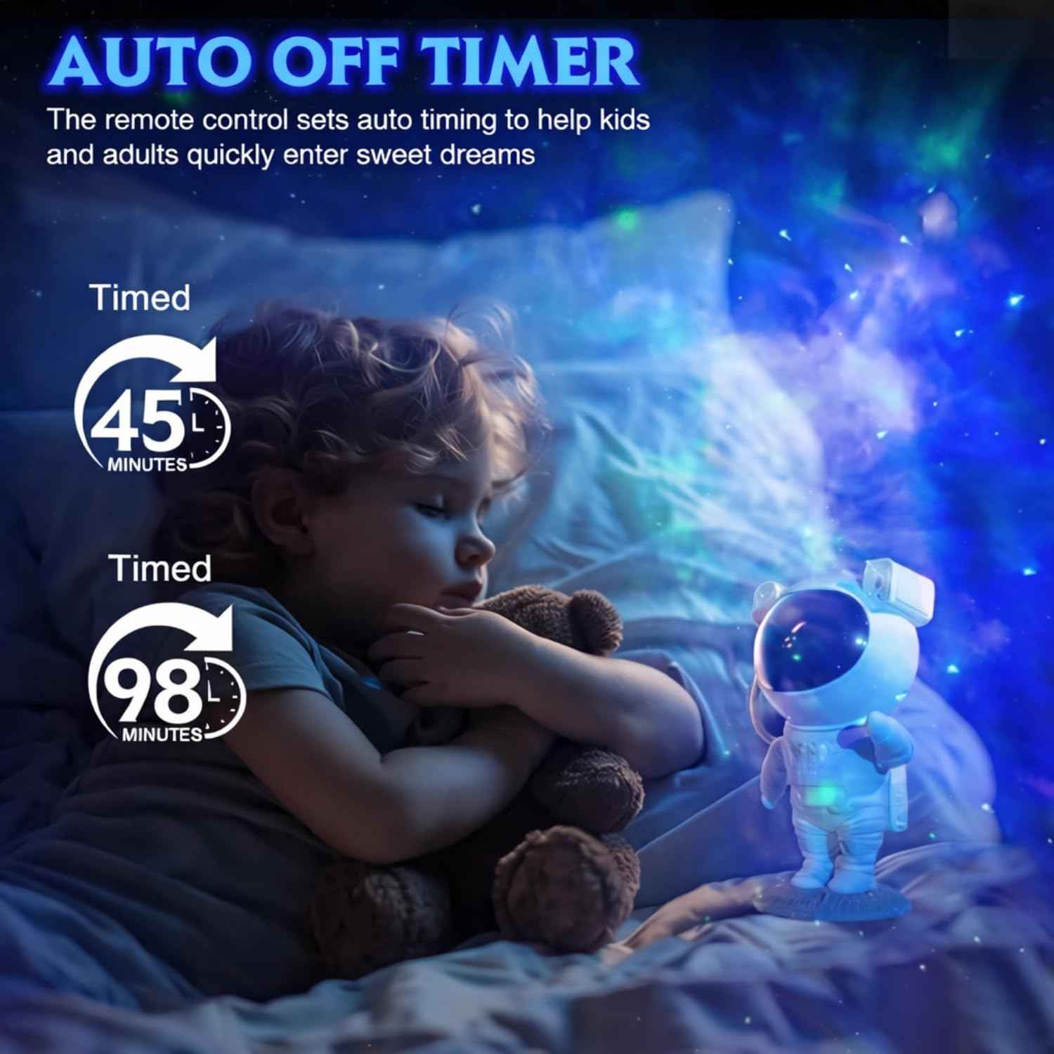 Astronaut Galaxy Projector Night Light with 360° rotating nebula, remote control, timer, and adjustable head—perfect for bedrooms, gaming rooms, and décor.