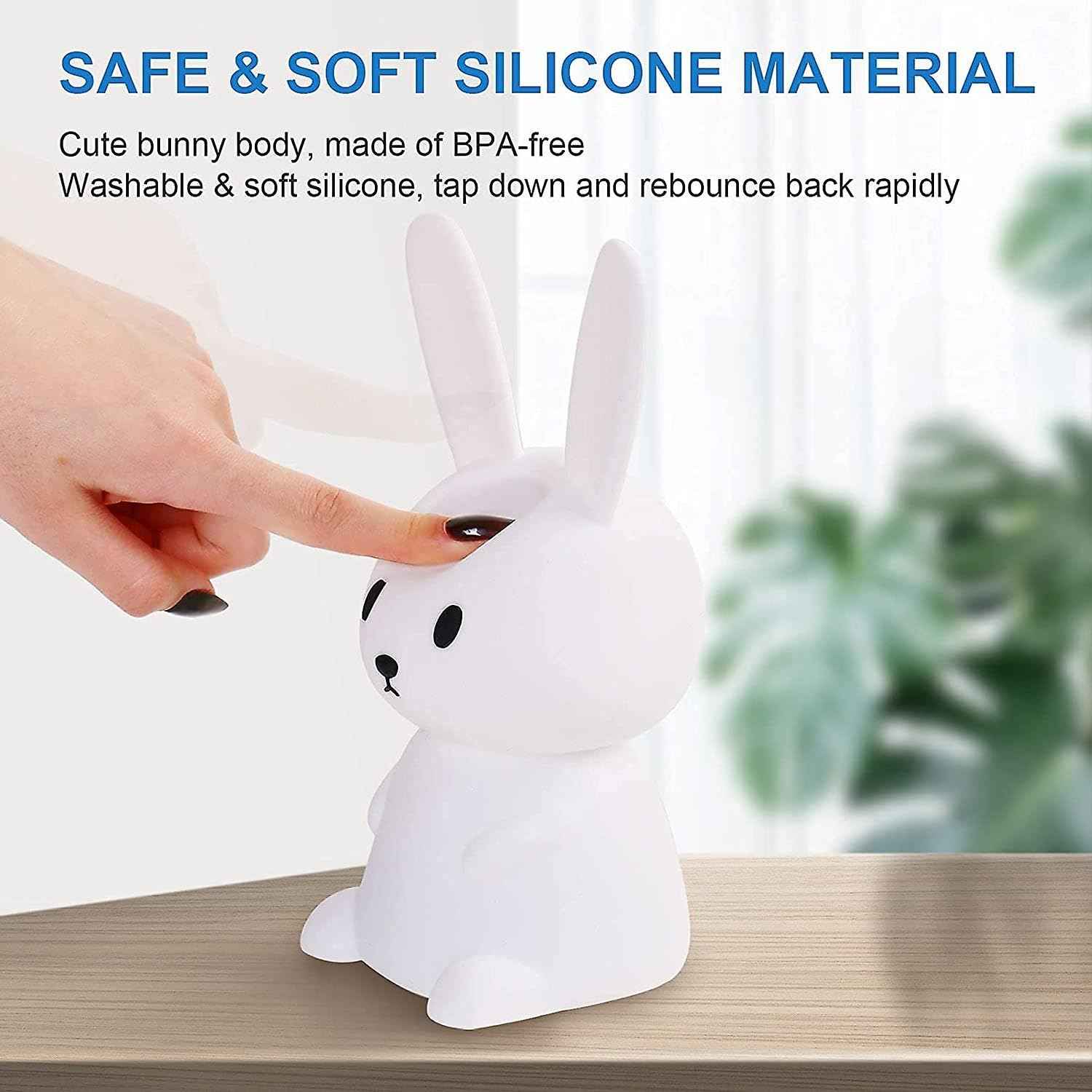 Cute Rabbit Silicone Night Lamp with 7-color LED lighting, tap touch control, and USB recharge—ideal for baby and toddler bedrooms.
