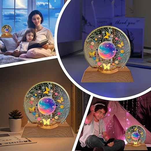 3D Acrylic LED Night Light with Warm White and Colorful Planet & Butterfly Designs, Plastic Base Table Lamp