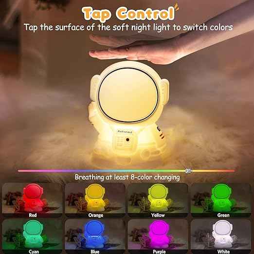Silicone Astronaut Bedside Lamp with rechargeable battery, RGB color-changing light, touch control, and 8 modes—great for kids’ rooms, nurseries, and gifting.