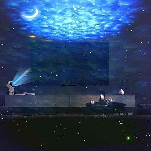 Astronaut Star Projector with dual 4W LEDs, 180° moon, star & cloud projection, Bluetooth, voice/music modes, remote control, USB powered.