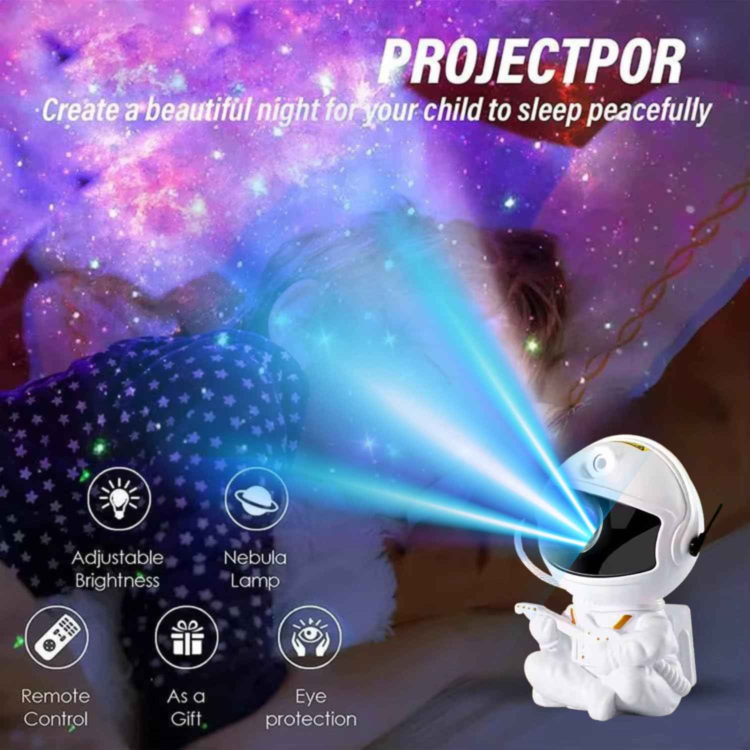 360° Rotating Astronaut Star Projector with remote control, timer, and adjustable LED head—perfect for bedrooms, home décor, and parties.