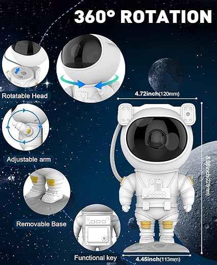 Astronaut Galaxy Projector Night Light with 360° rotating nebula, remote control, timer, and adjustable head—perfect for bedrooms, gaming rooms, and décor.