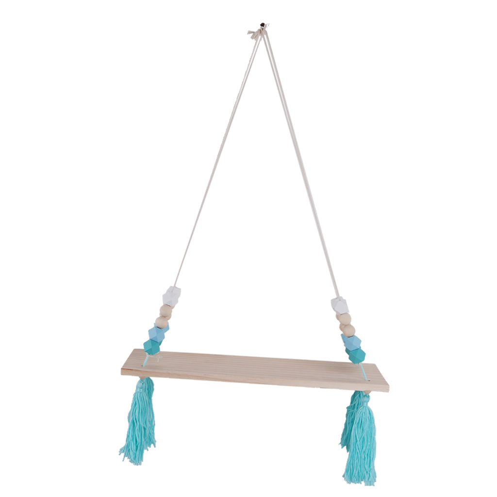 Wall Hanging Wood Swing Floating Shelf Kids Room Blue White Bead Blue Tassel