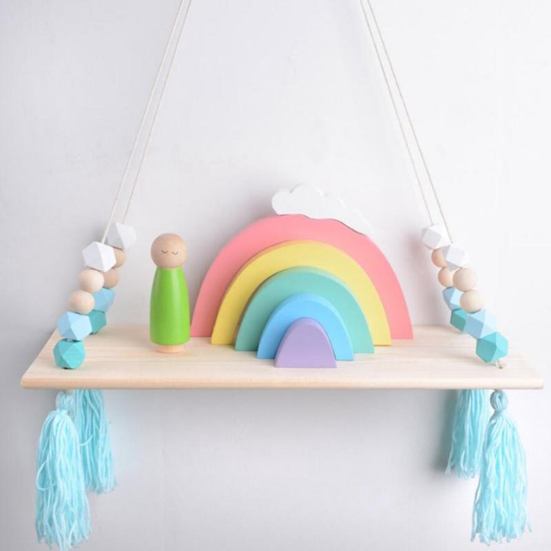 Wall Hanging Wood Swing Floating Shelf Kids Room Blue White Bead Blue Tassel