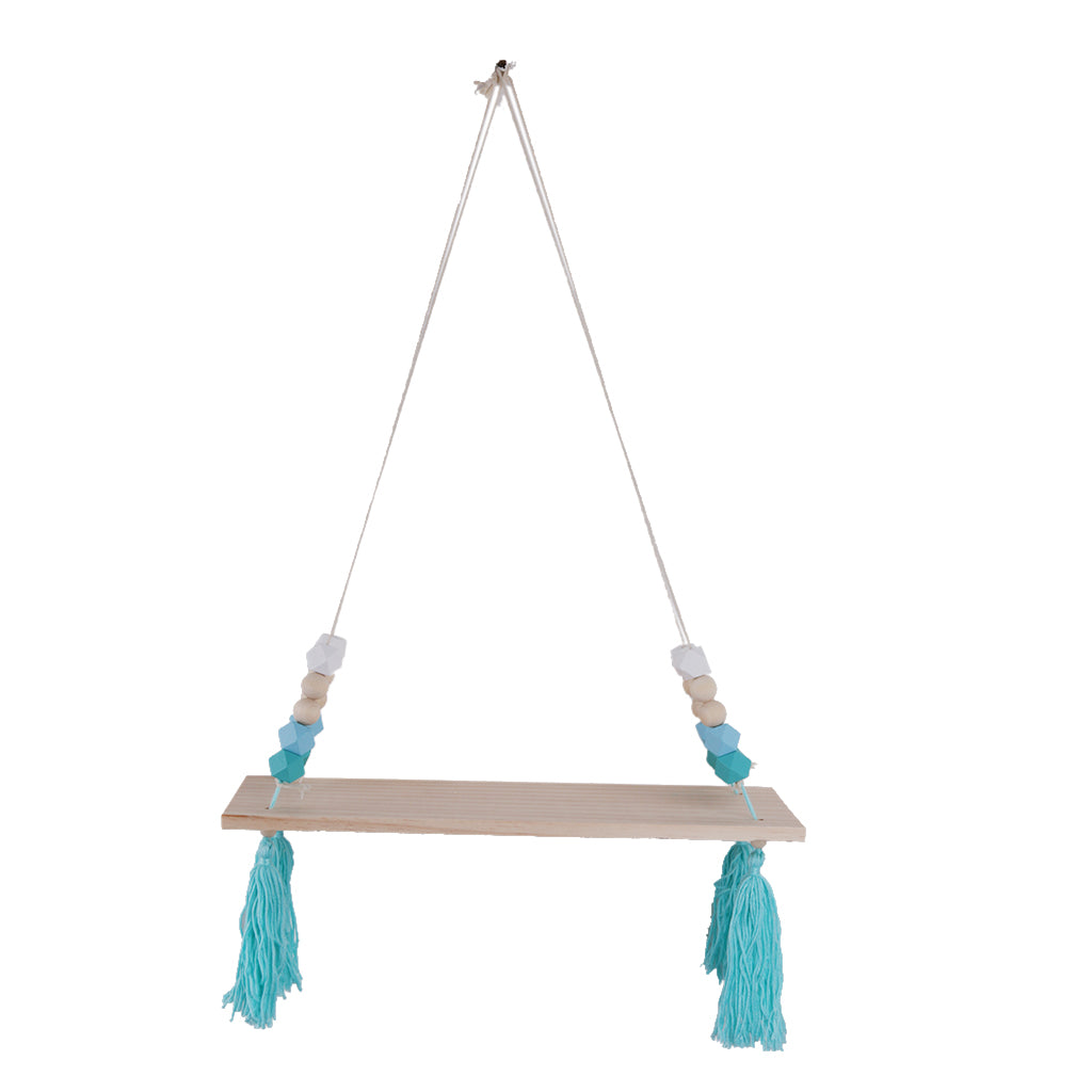 Wall Hanging Wood Swing Floating Shelf Kids Room Blue White Bead Blue Tassel