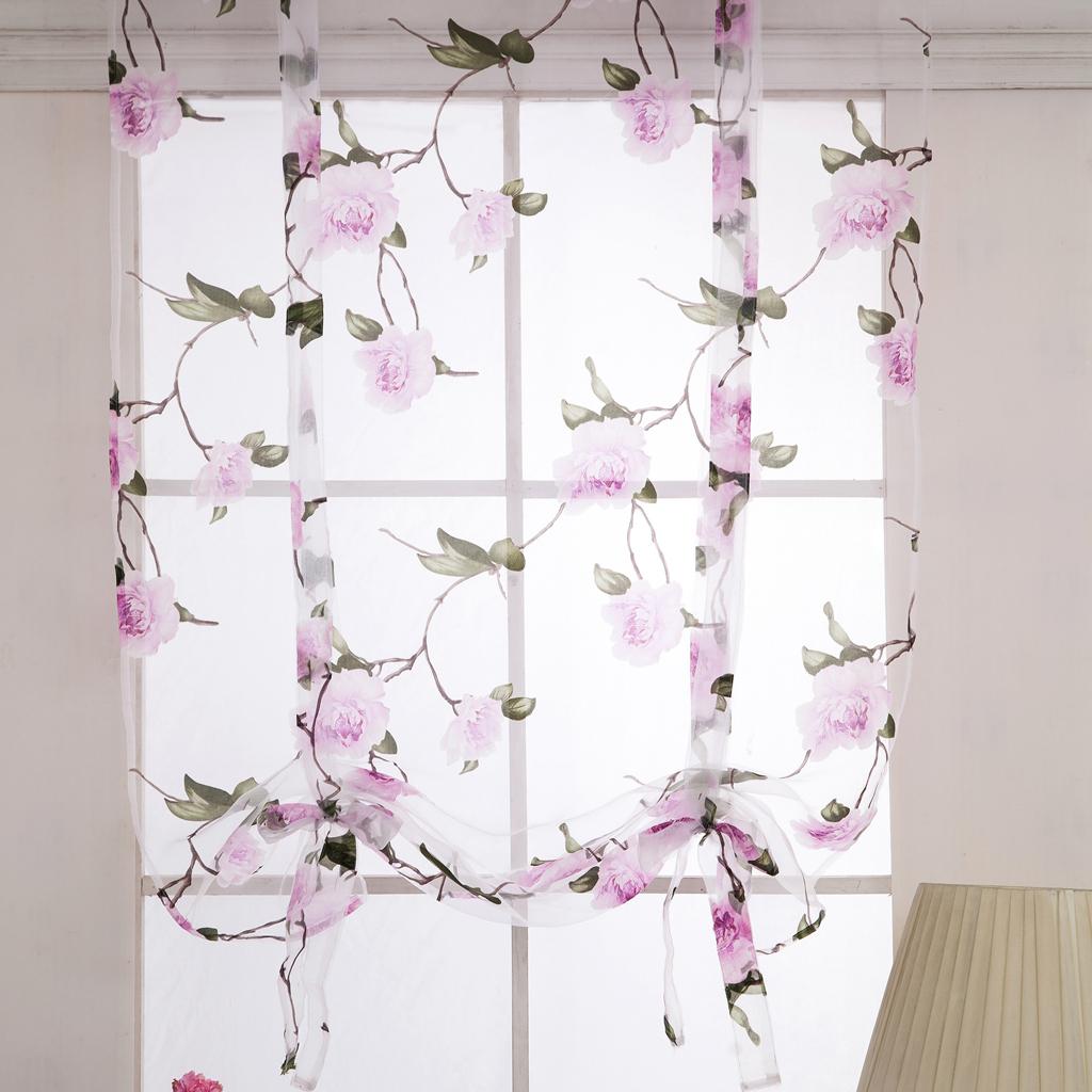 Floral Design Roman Short Window Curtain Sheer Voile #1 Purple 80x100cm