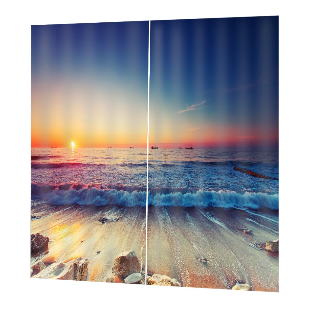 Set 2 Panels Digital Photo Printing Blackout 3D Curtains Sunset Beach