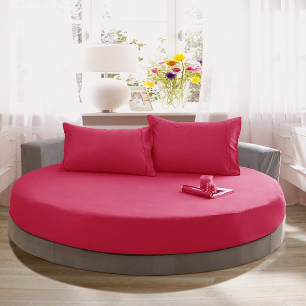 Solid Color 100% Cotton Round Bed Fitted Sheet Bed Cover Hot Pink