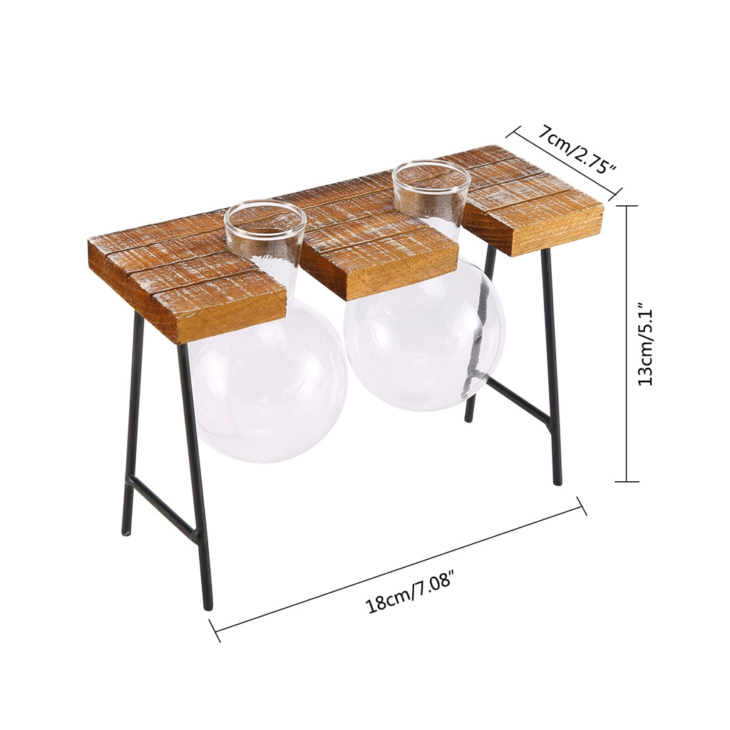 Vintage Stool Shaped Wooden Tray Hydroponic Flower Glass Vase 2 Beakers