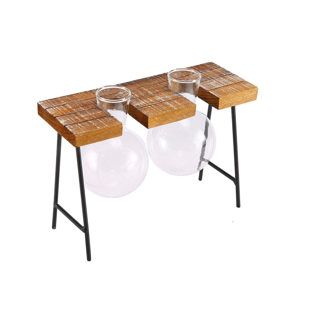 Vintage Stool Shaped Wooden Tray Hydroponic Flower Glass Vase 2 Beakers