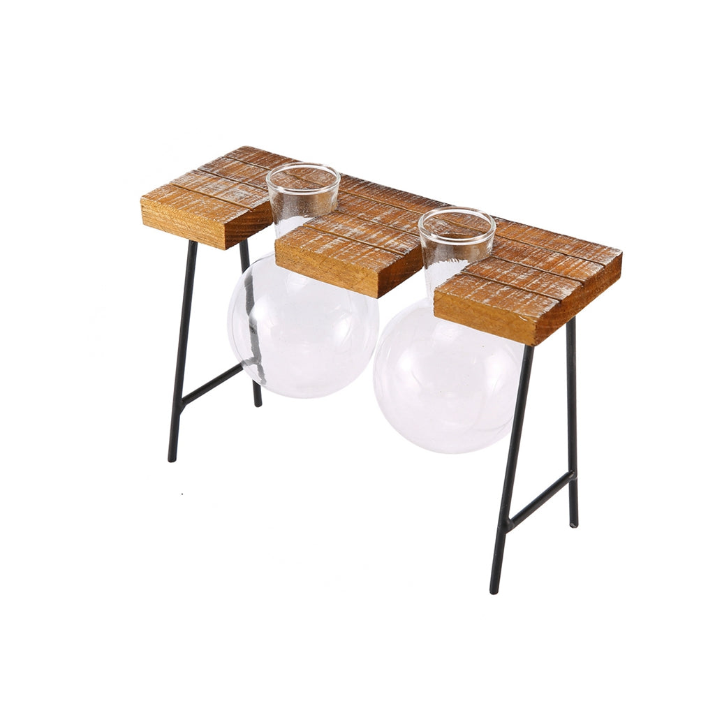 Vintage Stool Shaped Wooden Tray Hydroponic Flower Glass Vase 2 Beakers
