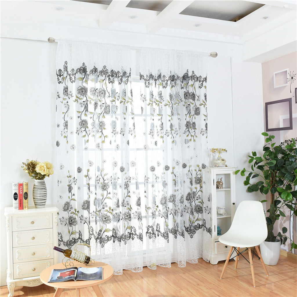Offset Printed Voile Slot Top Panel Tulle Window Blinds Gray-100x270cm