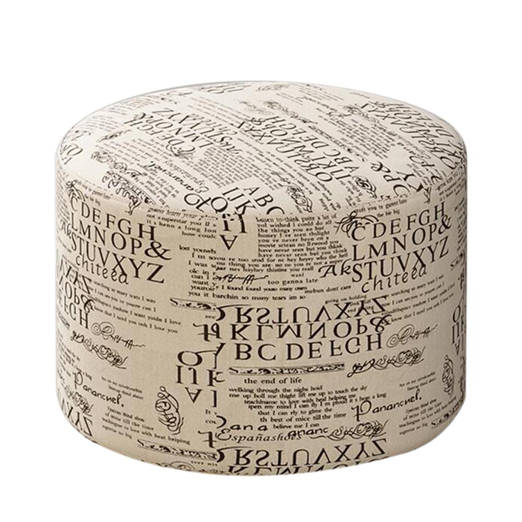 Round Linen Fabric Footstool Cover Wooden Stool Slipcover Word 28x18cm
