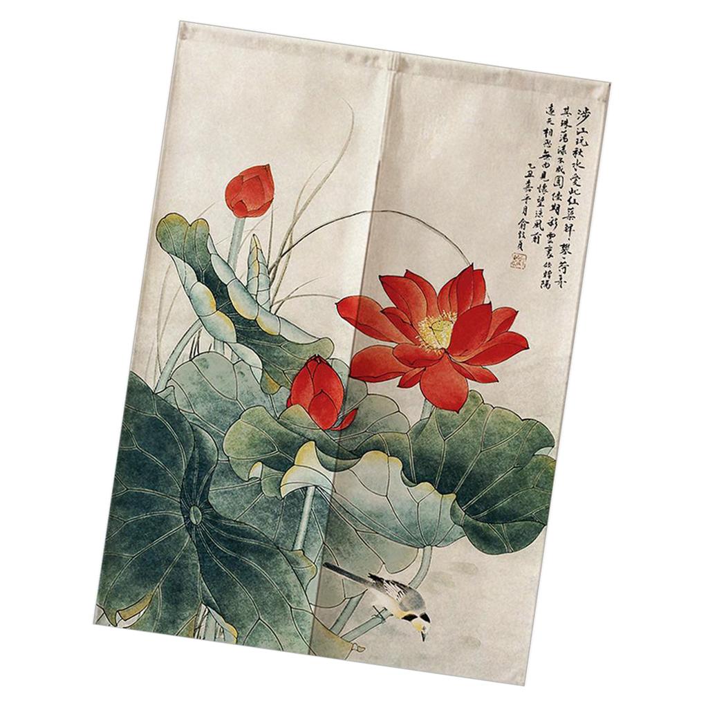 Japanese Style Cotton Linen Doorway Curtain Bird and Lotus-85x150cm