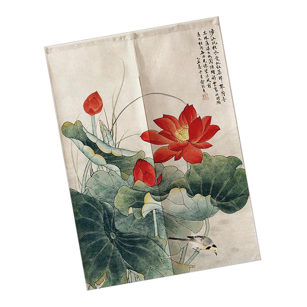 Japanese Style Cotton Linen Doorway Curtain Bird and Lotus-85x150cm