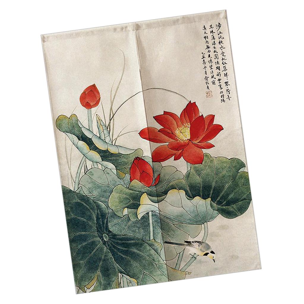 Japanese Style Cotton Linen Doorway Curtain Bird and Lotus-85x150cm