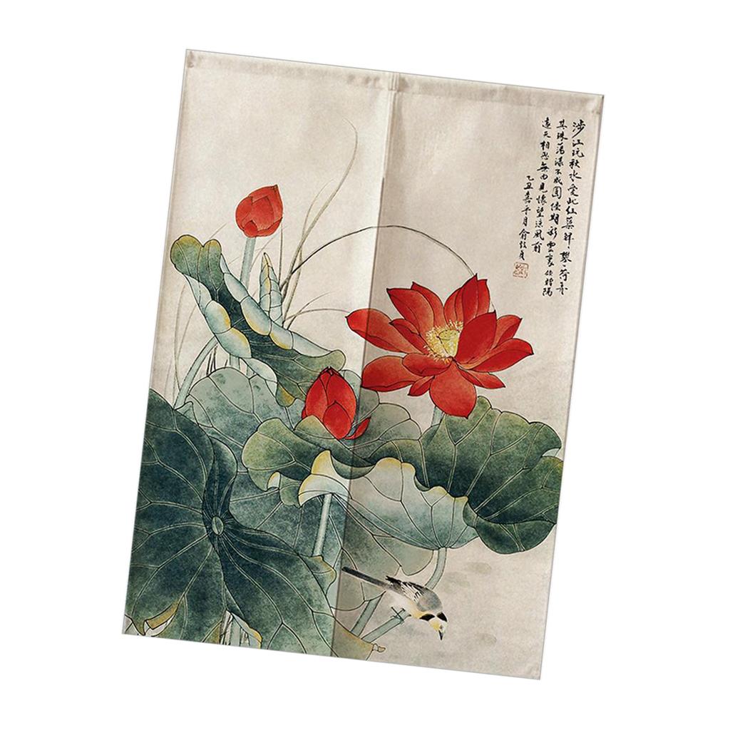 Japanese Style Cotton Linen Doorway Curtain Bird and Lotus-85x150cm