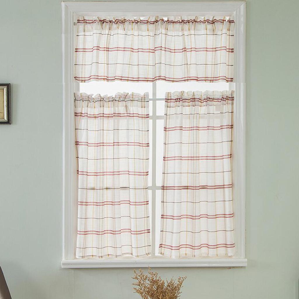 Rod Pocket Checked Linen Window Voile Curtain Valance Tier Red 74x90cm