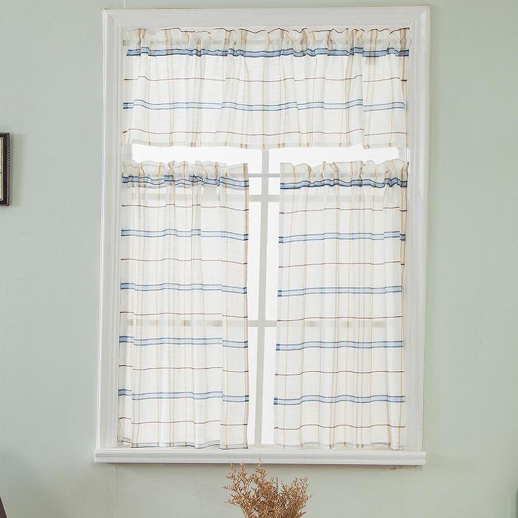 Rod Pocket Checked Linen Window Voile Curtain Valance Tier Blue 74x60cm