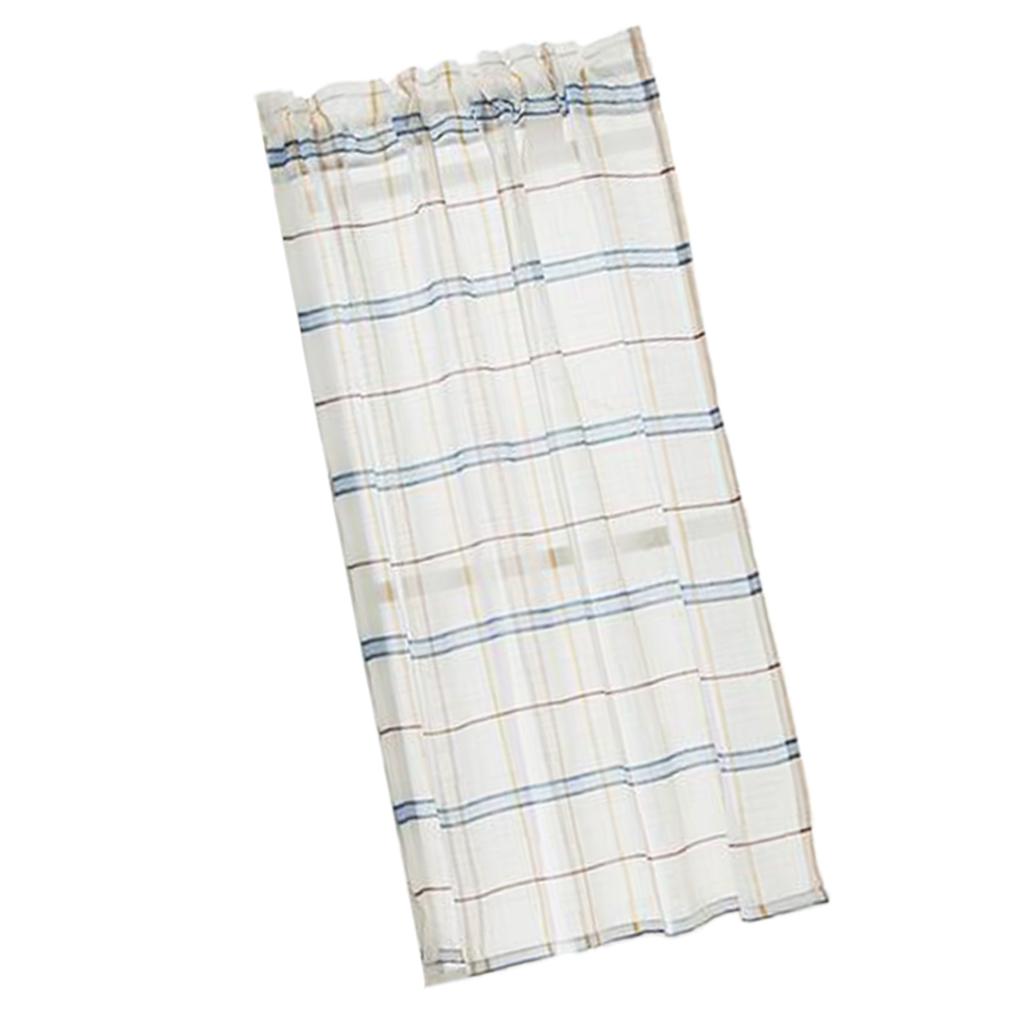 Rod Pocket Checked Linen Window Voile Curtain Valance Tier Blue 74x60cm