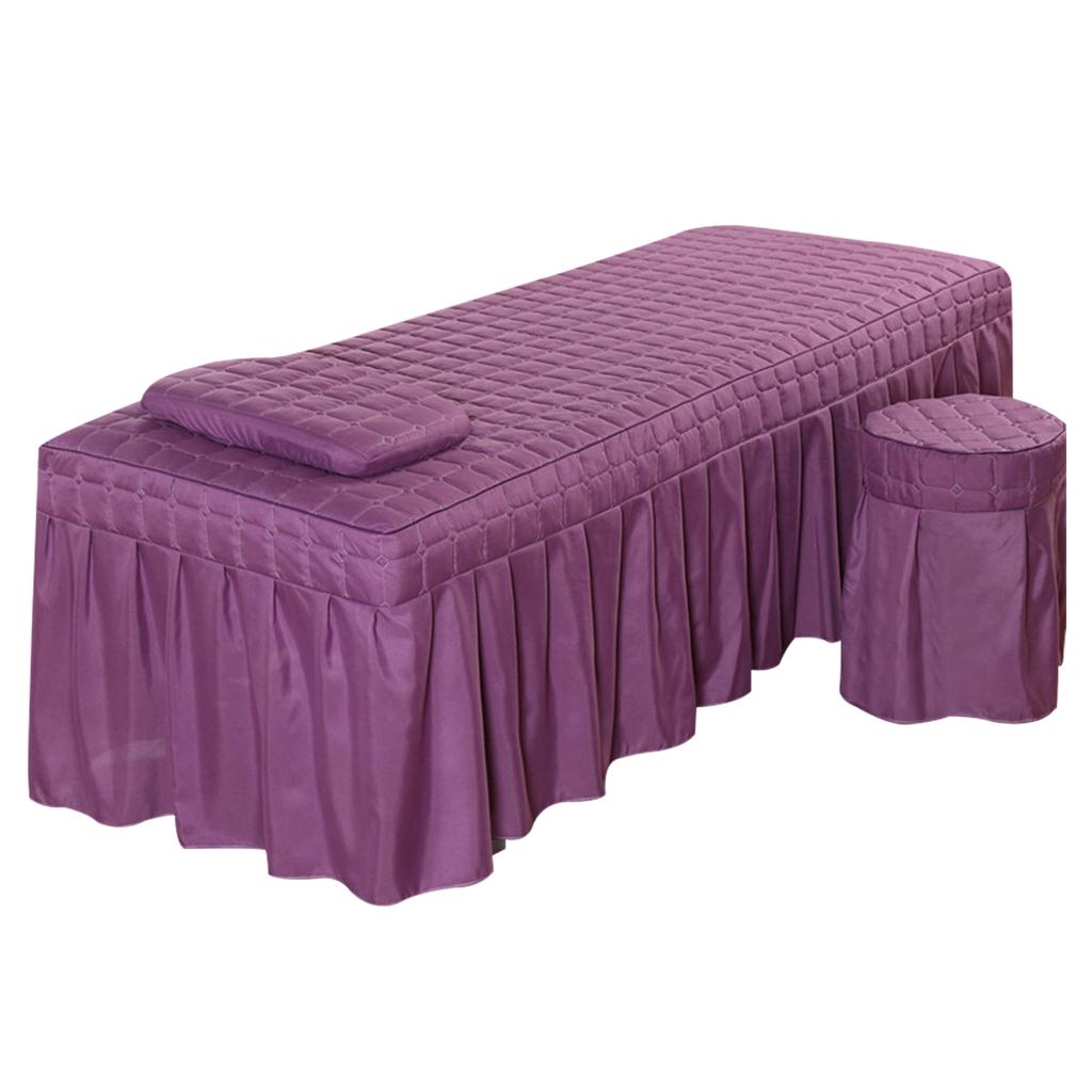 SPA Massage Table Linen Set Bed Skirt Pillow Case Stool Cover Purple-S