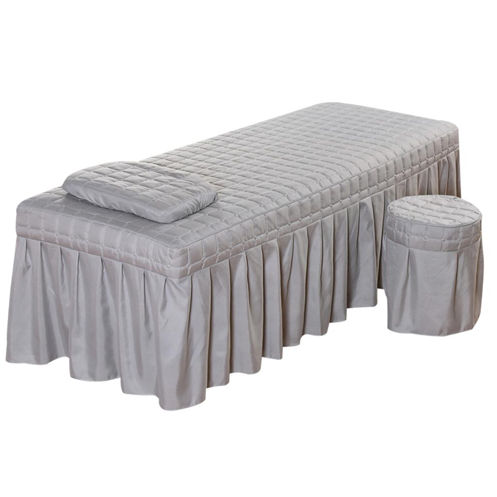SPA Massage Table Linen Set Bed Skirt Pillow Case Stool Cover Grey-L